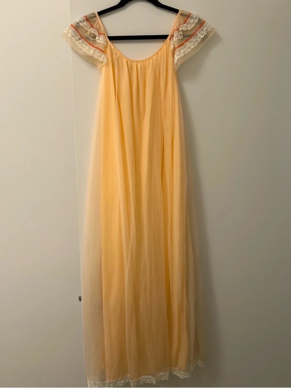 Vintage Sherbet Orange Lace Trim Chiffon Nightgown - Picture 4 of 5